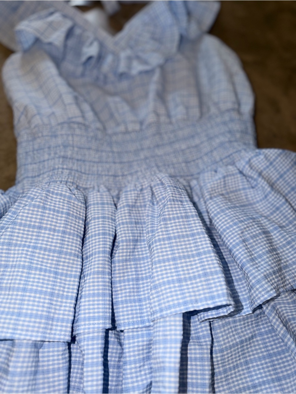 Day + Moon Blue Gingham Ruffle Romper Dress Style Smocked Tie Back Size L - Picture 2 of 10